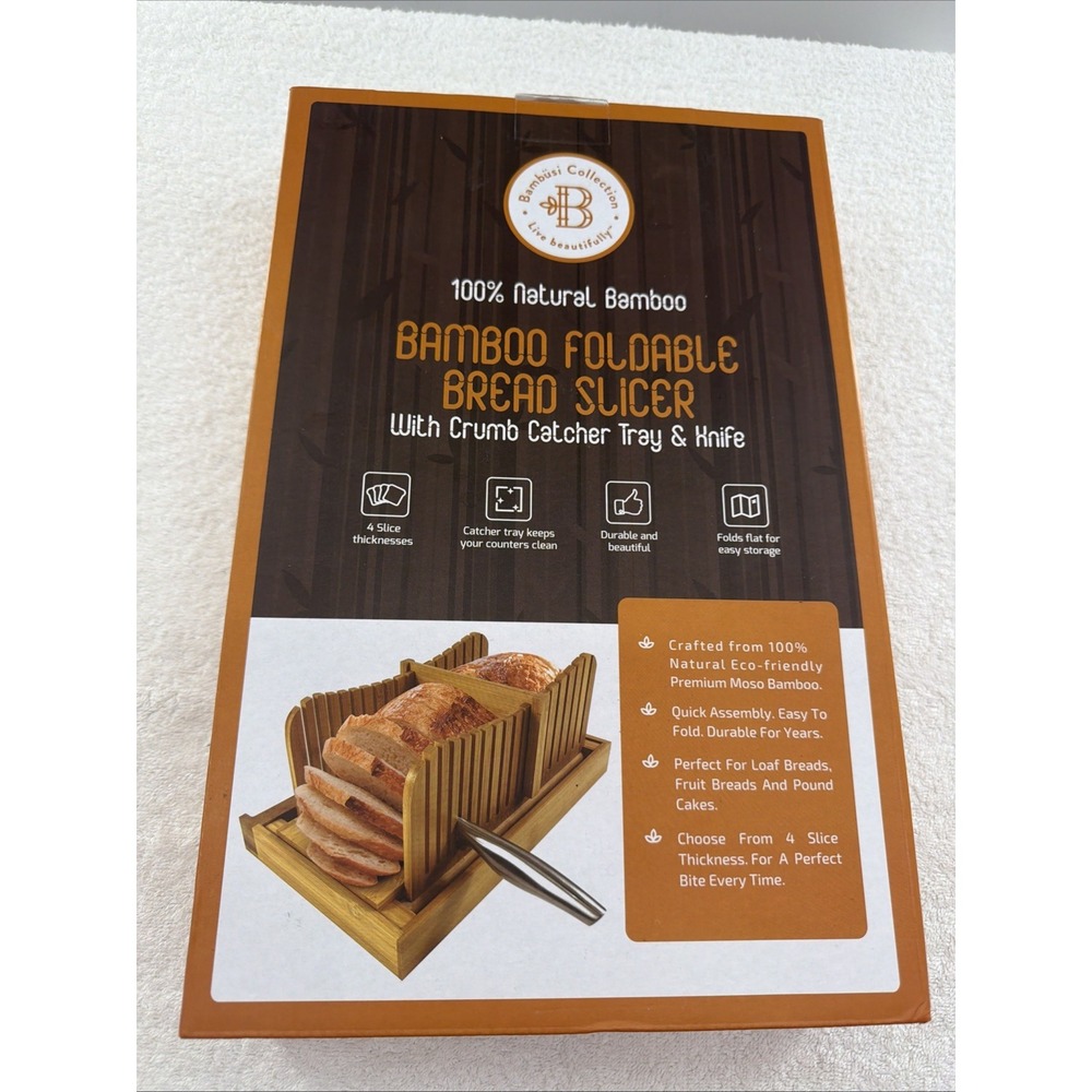 New Bread Slicer for Homemade Bread - Adjustable Bamboo Bread Cutter with Knife